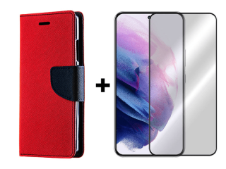 9D SKLO + PÚZDRO 2v1 pre Samsung Galaxy S22 - Knižkové Smart Fancy červené