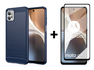9D SKLO + PUZDRO 2v1 pre Motorola Moto G32 - Silikónové Carbon modré