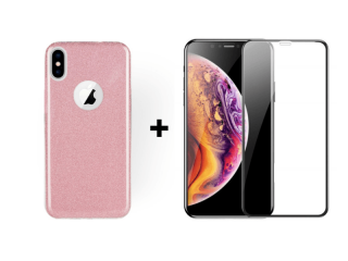 9D SKLO + PÚZDRO 2v1 pre Apple iPhone X, XS Glitter ružové