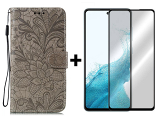 9D SKLO + PUZDRO 2v1 pre Samsung Galaxy A54 5G - Knižkové FLOWER sivé
