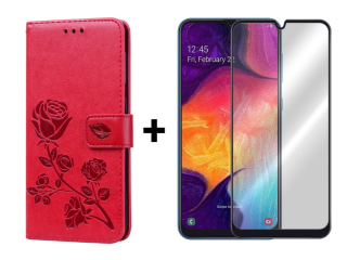 SKLO + PUZDRO 2v1 pre Samsung Galaxy A50 - Knižkové puzdro ROSE červené
